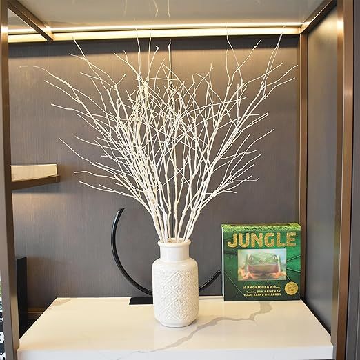 a white vase filled with branches on top of a counter