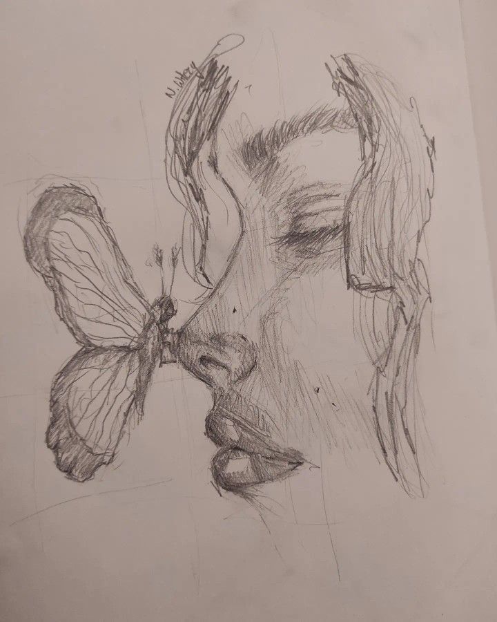 a pencil drawing of a woman's face with butterflies on her nose and mouth