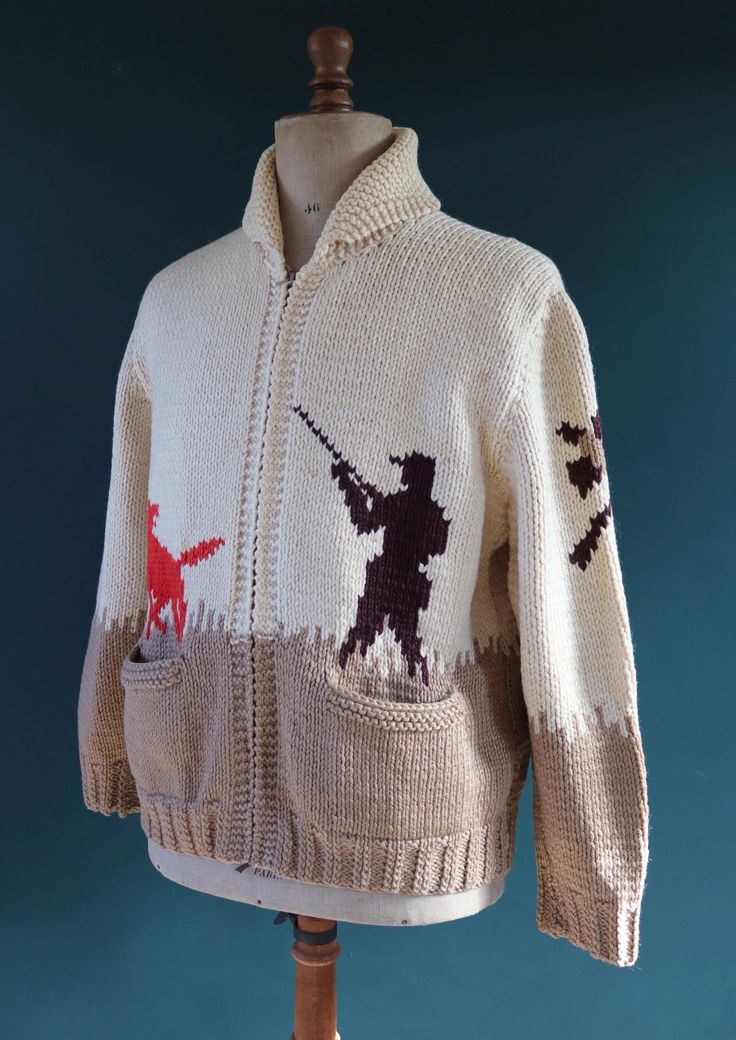 A cream, brown and red hand knitted Cowichan style sweater, dating from the late 1950s or early 1960s. Noted flaws - the zipper looks to be a replacement but runs smoothly, some marking at the collar fold, some faint marking at the centre front and upper right sleeve - please see photos. Great condition otherwise, thick, soft 100% wool, unlined, two hand pockets, excellent quality, duck hunting design, perfect for keeping cosy on summer evenings, or as a thick, warm layer in cooler weather, suitable for everyone.  Pit to pit - 22.5" (45" doubled) Shoulders - 18" Arms - 24" Length - 25.5" Please check your measurements carefully! Cowichan Sweater, Pheasant Hunting, Thick Wool, Pheasant, Shawl Collar, Vintage 1960s, Sweater Outfits, Hand Knitting, Sweater Cardigan