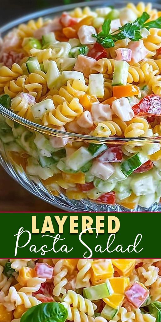 layered pasta salad in a glass bowl