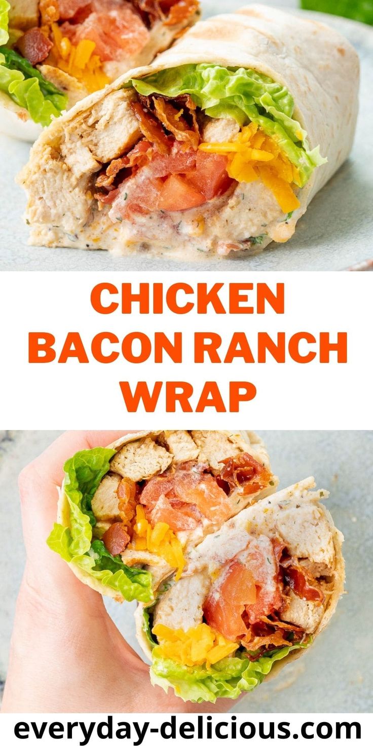 the chicken bacon ranch wrap is cut in half and ready to be eaten for lunch