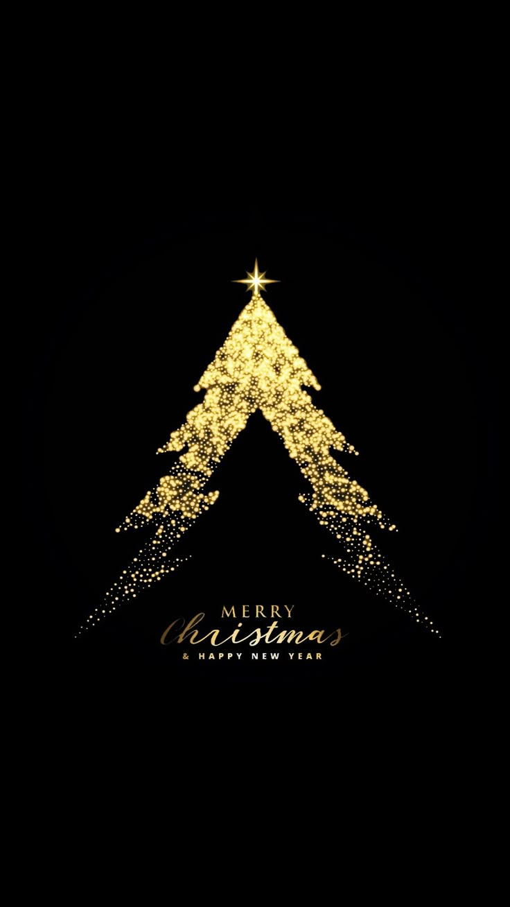 a christmas tree made out of gold glitter on a black background with the words merry christmas written