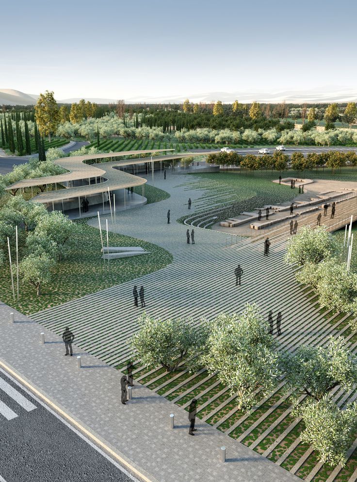 an artist's rendering of a park with trees and people walking on the sidewalk