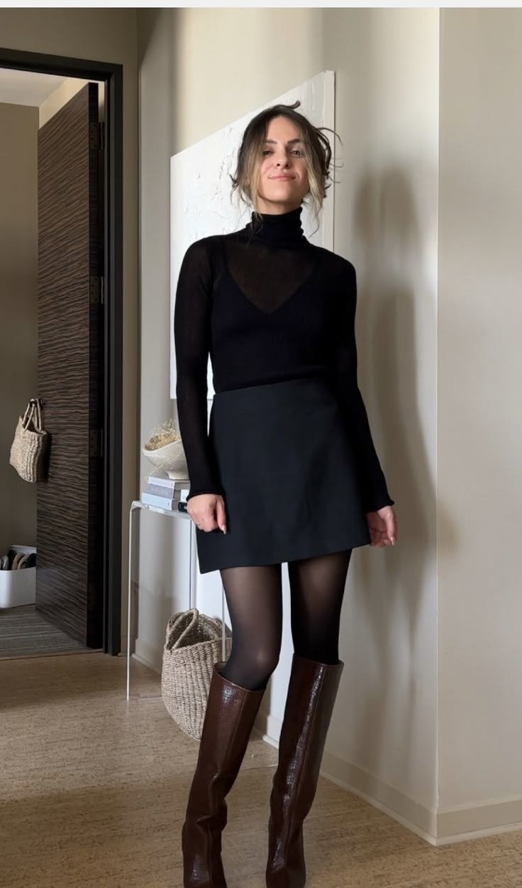 Tall Classy Women, Fall Outfits Size 6-8, Long Boots Work Outfit, Leather Skirt Tall Boots Outfit, Boots To Work Office, Black Mini Skirt Tall Boots Outfit, Dublin Style Winter, Mini Dress With Tights And Boots, Winter Skirt Outfits With Boots