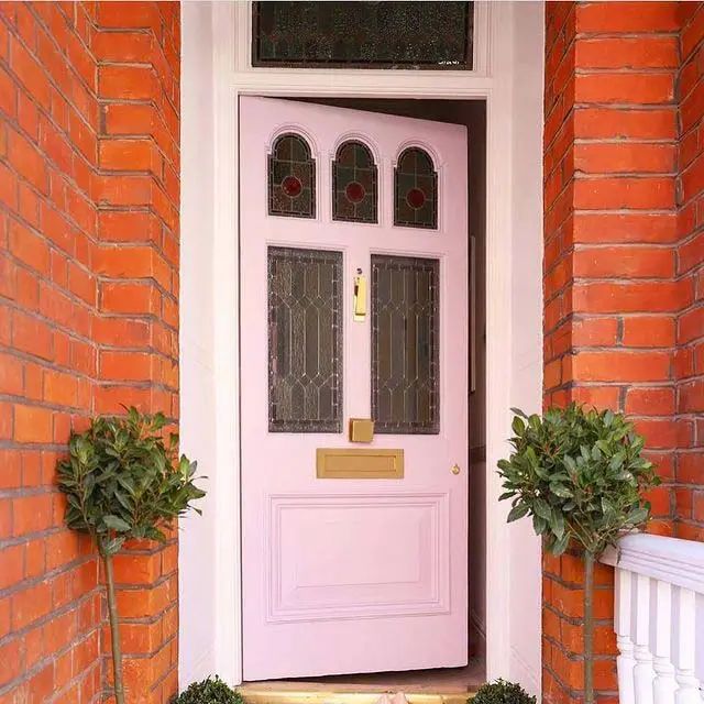 a pink front door with two potted plants