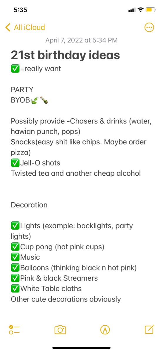 the birthday party list for two different people, including drinks and other things to eat