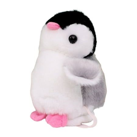 a small stuffed penguin with pink feet and black nose, sitting on its hind legs