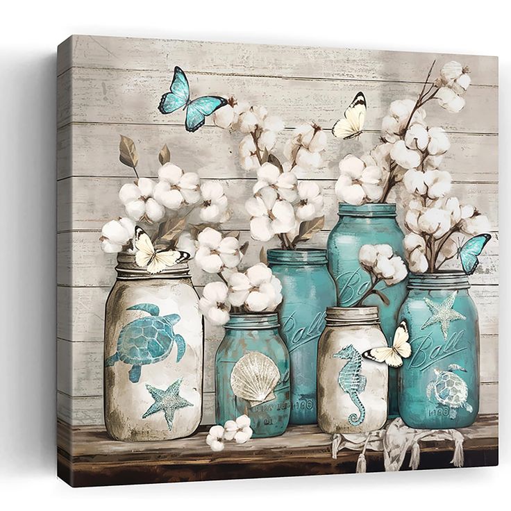 three blue jars with white flowers and sea animals on them are sitting on a shelf