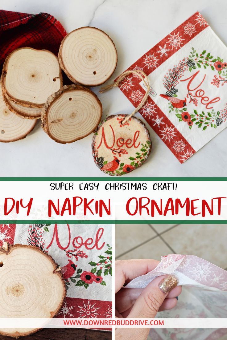 diy napkin ornament made out of wood slices and fabric with text overlay that says super easy christmas craft