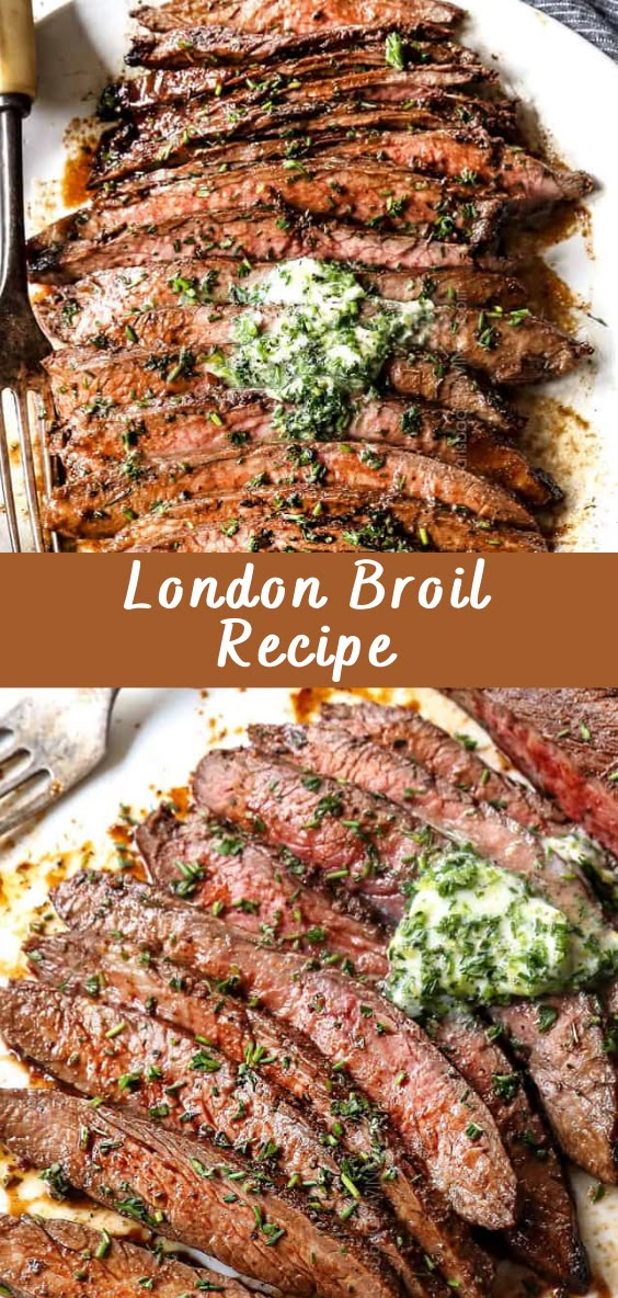 london broil recipe on a plate with fork and knife