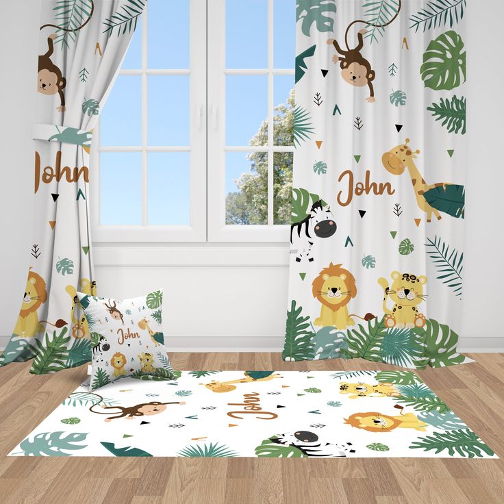 a child's bedroom with jungle animals and palm leaves on the floor, curtains, and bedding