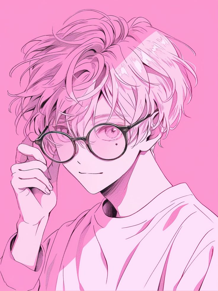 an anime character with glasses and a pink background