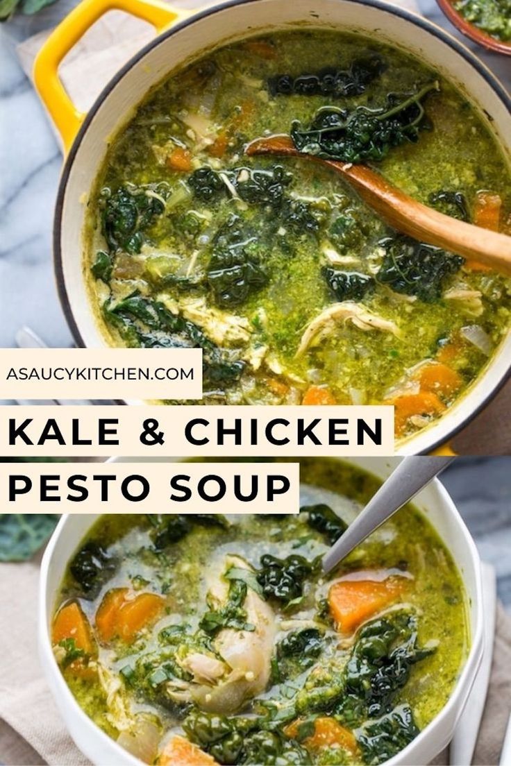 two bowls filled with kale and chicken pesto soup