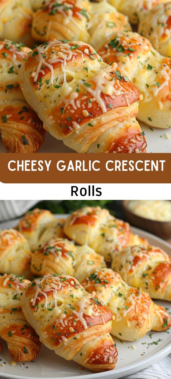 cheesy garlic crescent rolls on a white platter with text overlay that reads, cheesy garlic crescent rolls