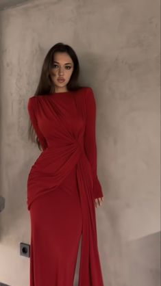 #promideas #formaldress #formalwear #formalgown #graduationdress #graddress #eveningdress #eveningwear #eveninggown #partydress Suits Soiree For Women, Red Dress Outfit For Christmas, Elegant Long Sleeve Dresses Classy, Modest Red Dresses, Red Dress Hijab Soiree, Red Dress Classy Long, Red Evening Dress Classy, Graduation Dress With Sleeves, Red Dress Classy Elegant Long