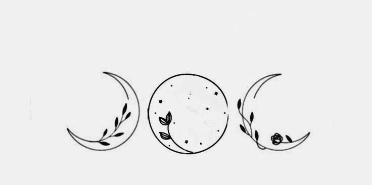 three phases of the moon in black and white with leaves on each side, as well as an arrow