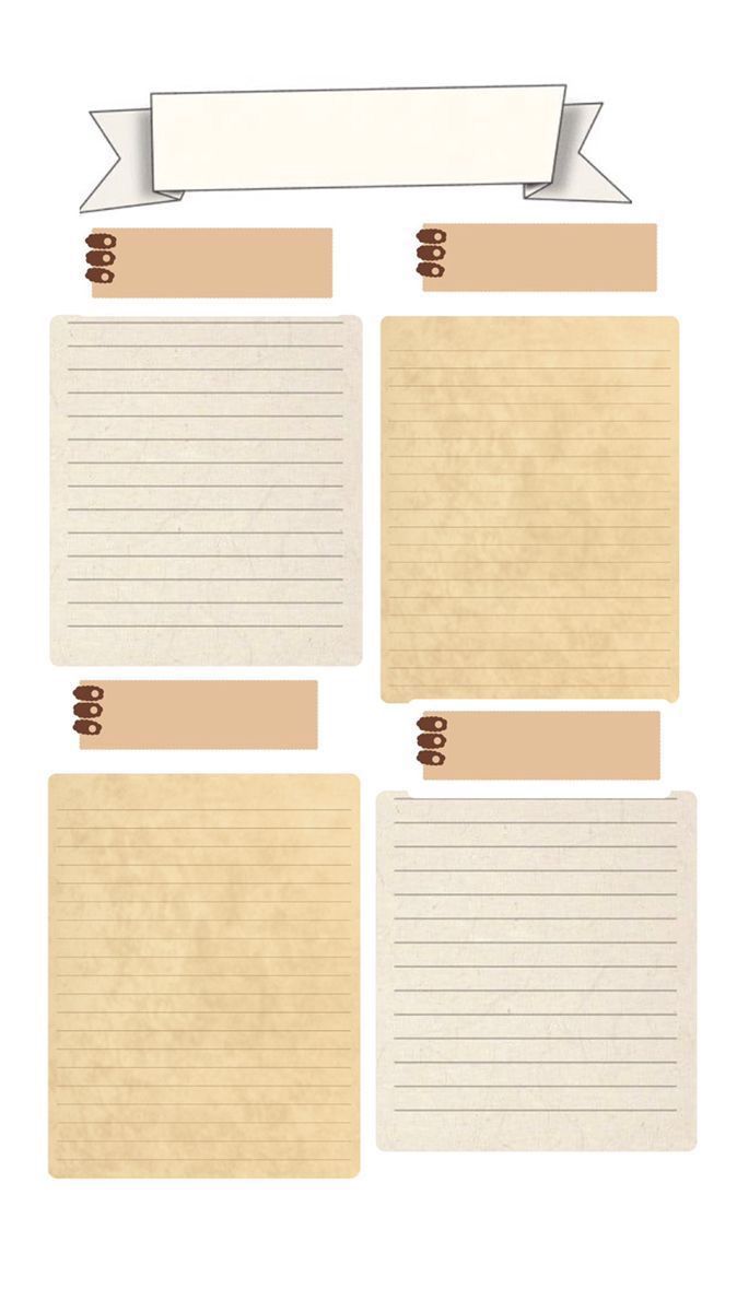 several pieces of lined paper with ribbons on them