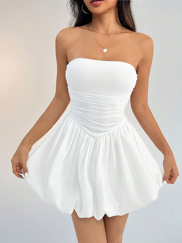 Strapless Solid Color Puffy Lantern Bud Mini Dress White Casual  Sleeveless Knitted Fabric Plain A Line Slight Stretch  Women Clothing, size features are:Bust: ,Length: ,Sleeve Length: White Bubble Dress, Cute Tube Tops, White Strapless Dress, Mini Tube Dress, Mini Dress White, Tube Top Dress, Effortless Hairstyles, Strapless Mini Dress, White Casual