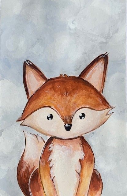 a painting of a red fox sitting on top of a snow covered ground