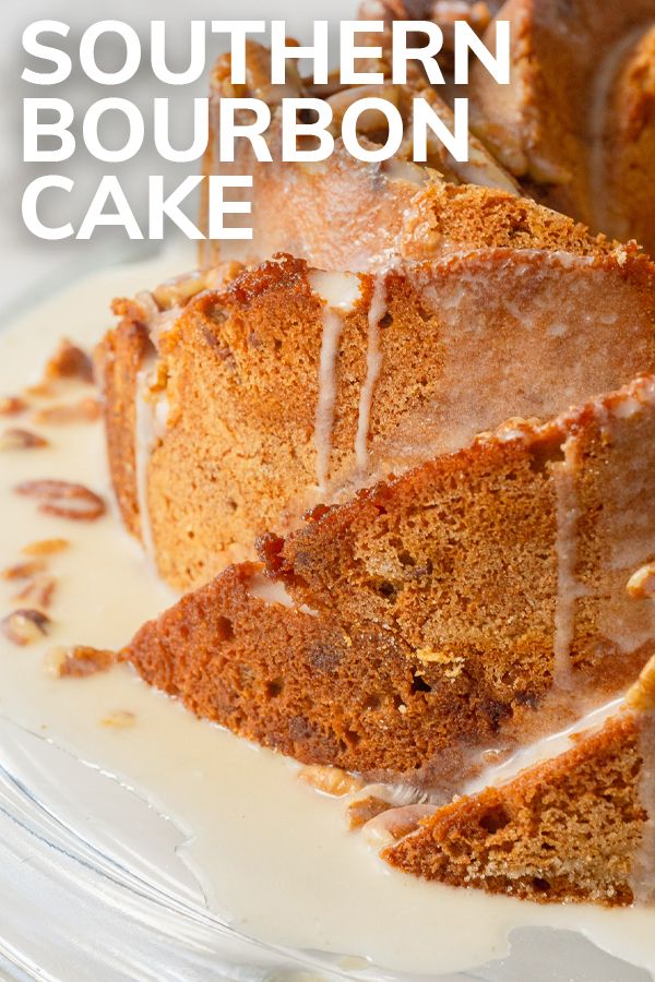 a close up of a cake on a plate with the words southern bourbon cake above it