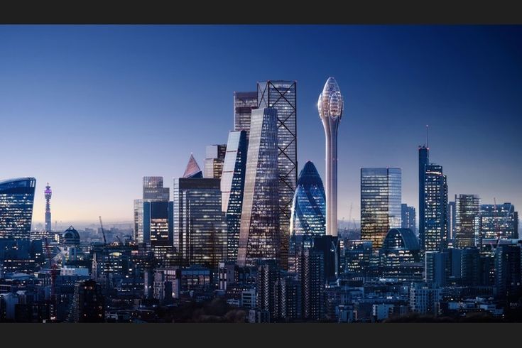 the city skyline is lit up at night with skyscrapers in the foreground and other high rise buildings