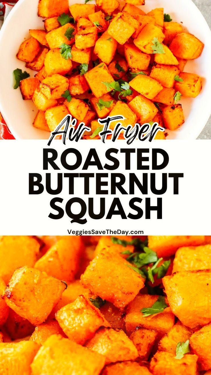 roasted butternut squash in a white bowl with the words, all time roasted butternut squash