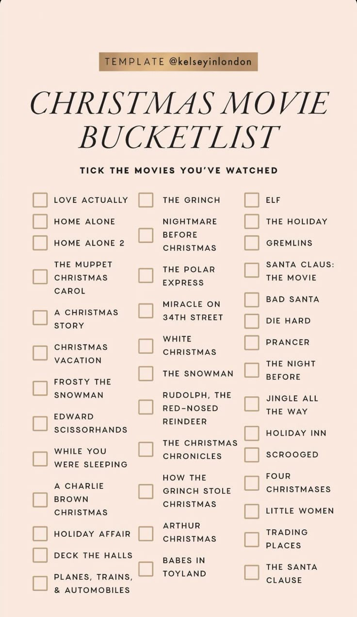 the christmas movie bucket list is shown in pink and white with gold trimmings