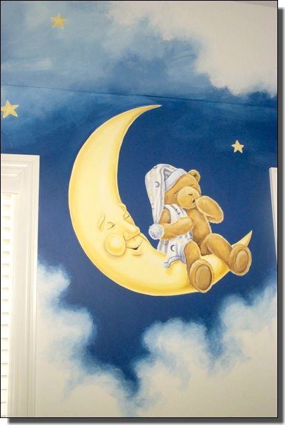 a teddy bear sitting on the moon with clouds and stars painted on it's wall