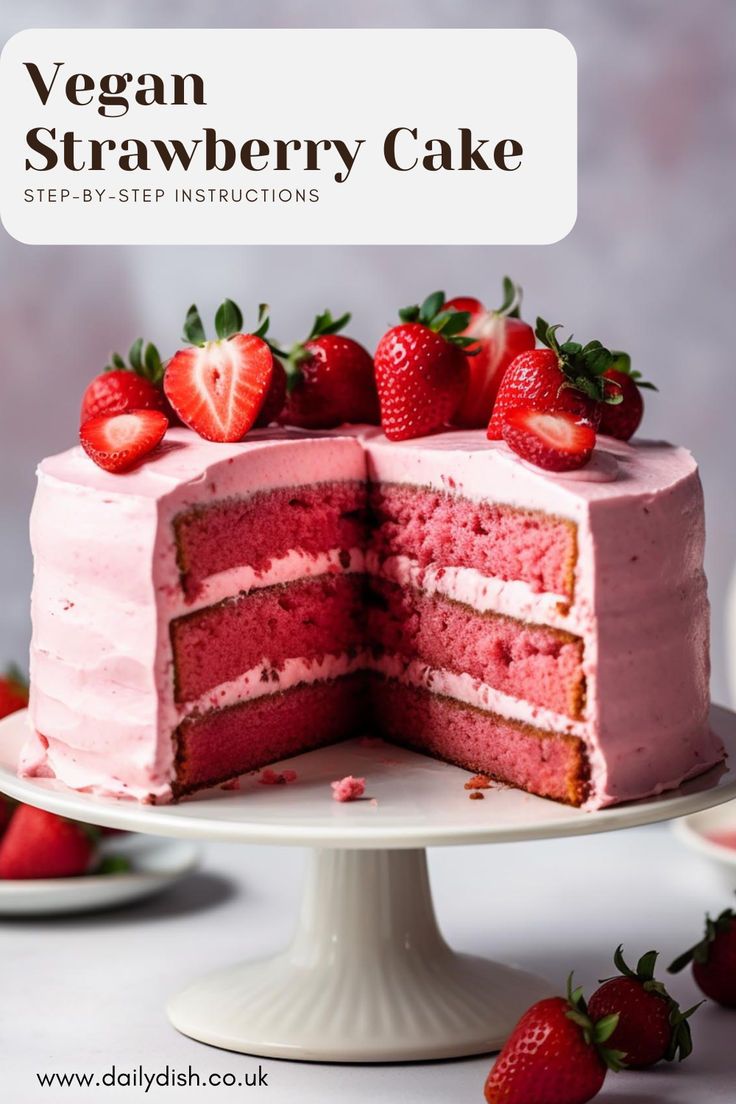 Vegan Strawberry Cake Strawberry Vegan Cake, Best Vegan Cake, Vegan Strawberry Cake, Strawberry Buttercream Frosting, Dairy Free Frosting, Strawberry Birthday Cake, Vegan Buttercream, Dairy Free Baking, Vegan Birthday Cake