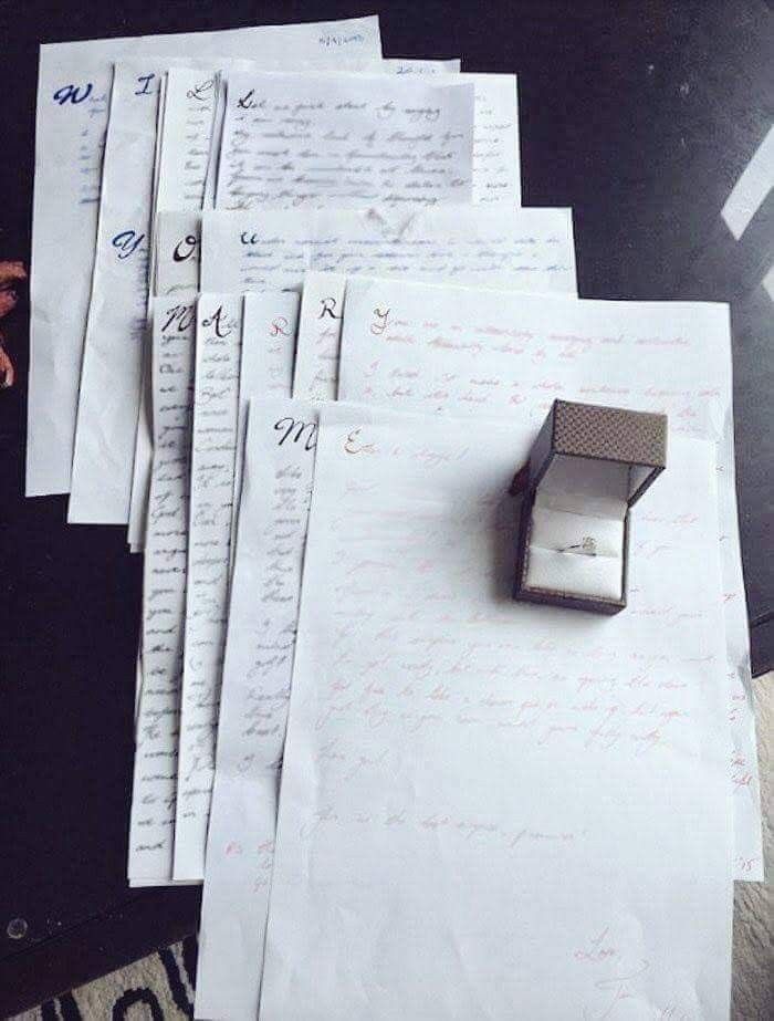 a stack of papers and a ring on top of each other with writing on them