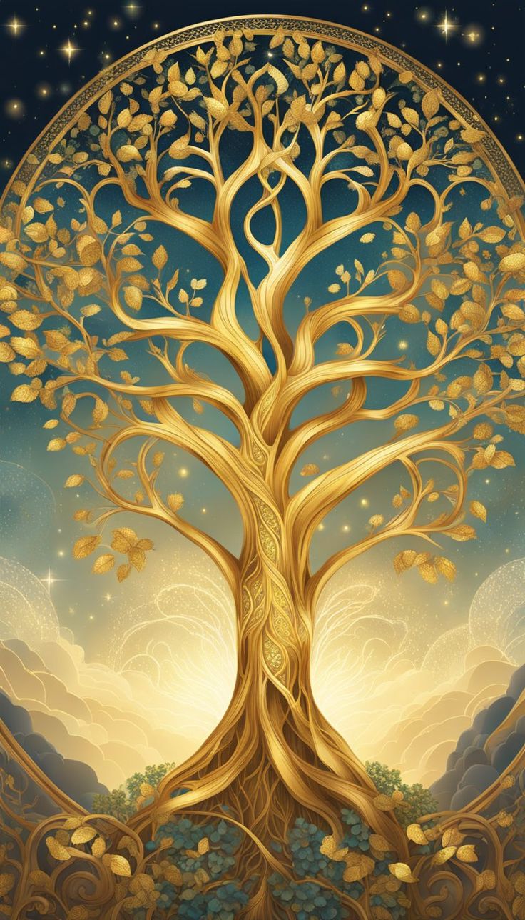 a painting of a golden tree with stars in the background