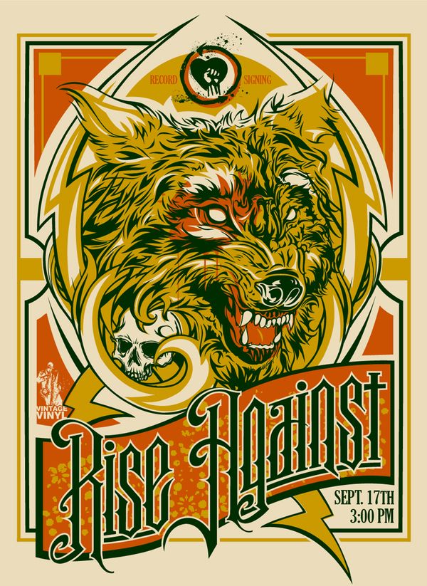 a poster for the rise against tour with an image of a wolf's head