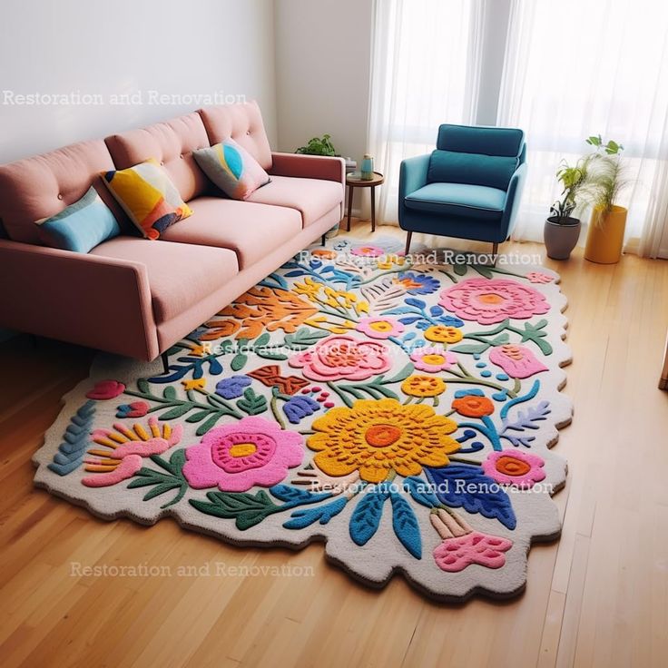 a living room with a pink couch and colorful rugs on the wooden flooring