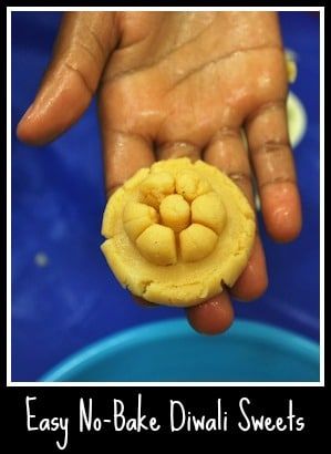 a hand holding a small piece of food in it's palm with the words easy no - bake diwali sweets