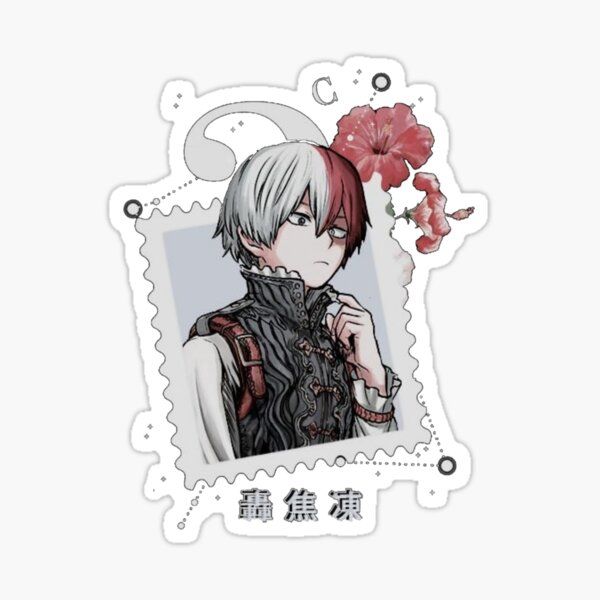 an anime character with white hair and red flowers sticker