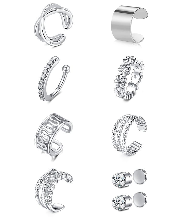 six different types of rings on a white background, each with diamonds in the middle