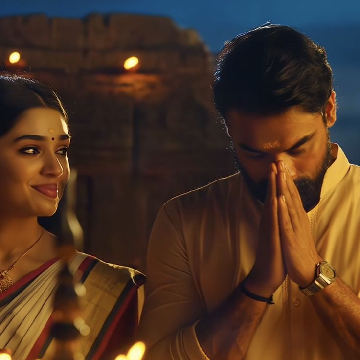 a man and woman standing next to each other holding their hands together in front of candles