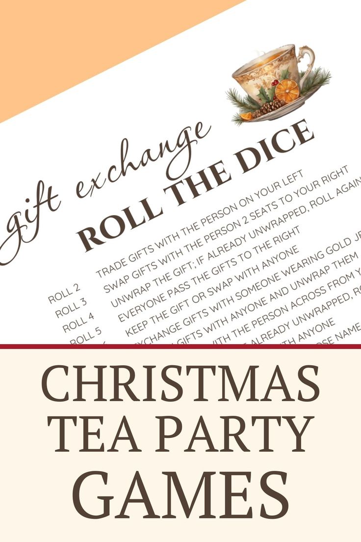 a christmas tea party game is shown with the words, gift exchange roll the dice