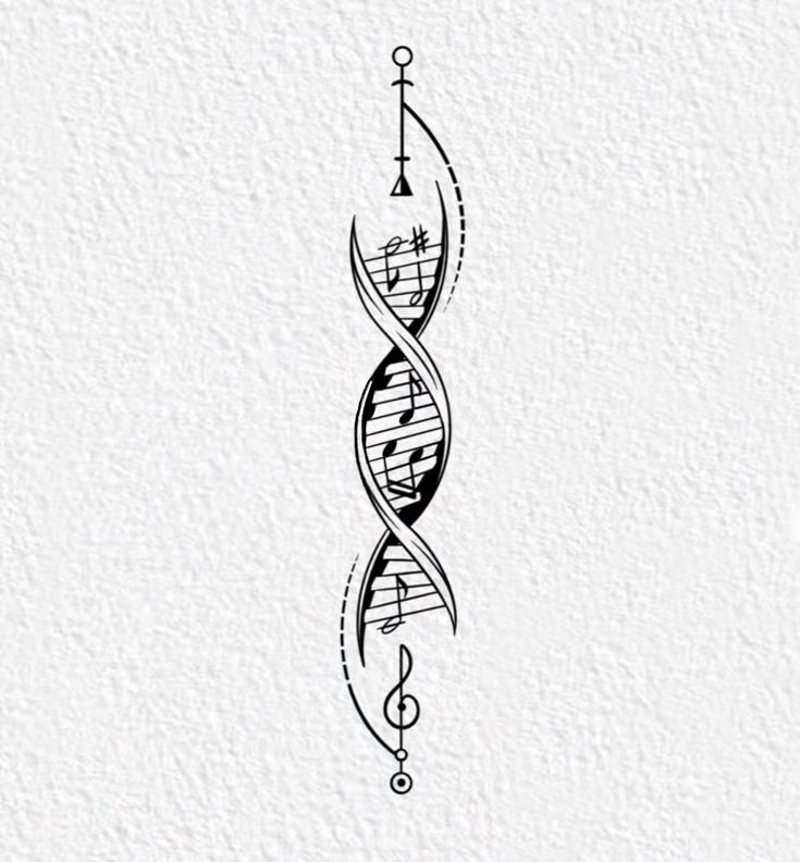 a black and white drawing of a double - stranded musical instrument with music notes on it