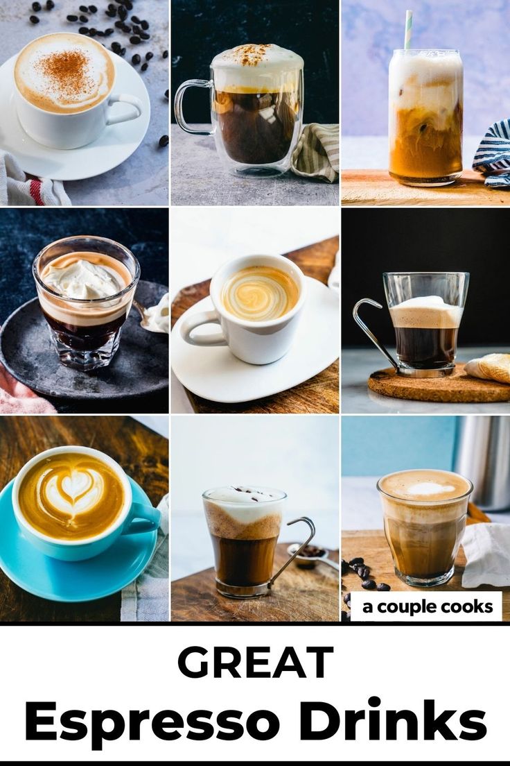 different types of espresso drinks are shown in this collage with the words great espresso drinks