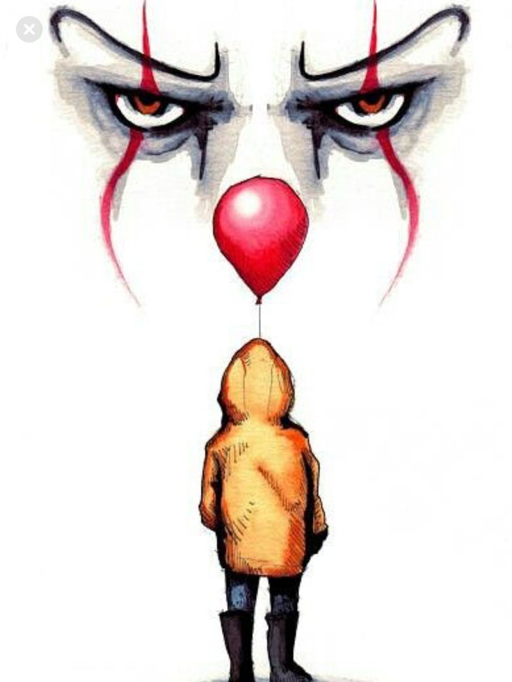 a drawing of a clown looking at a child with a red balloon in his mouth