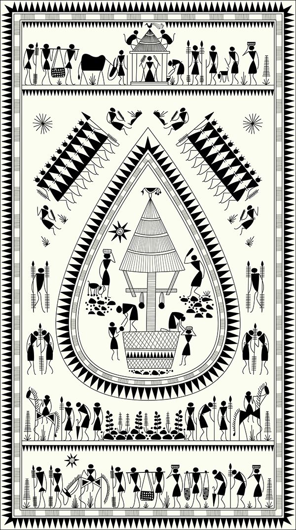 an old black and white drawing of people in native american style clothing with animals, trees, and other things