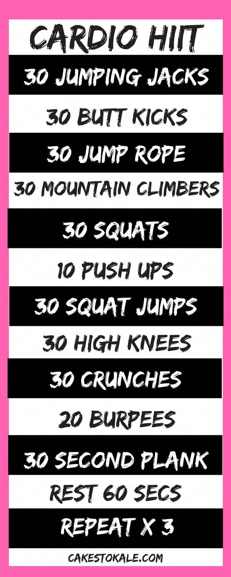 a pink and black poster with the text cardio hit 30 jumping jack's