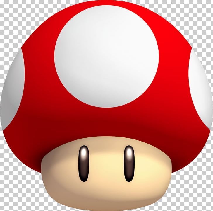 a red mushroom with white dots on it's head, looking like he is smiling