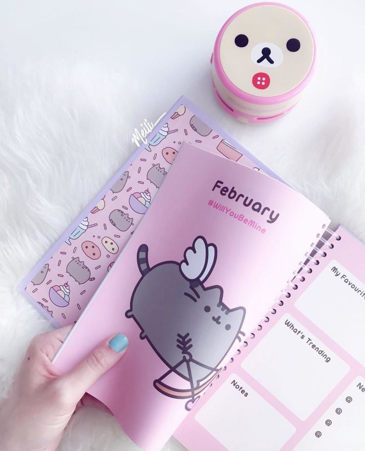 a person is holding a pink book in front of a white background with hello kitty stickers on it