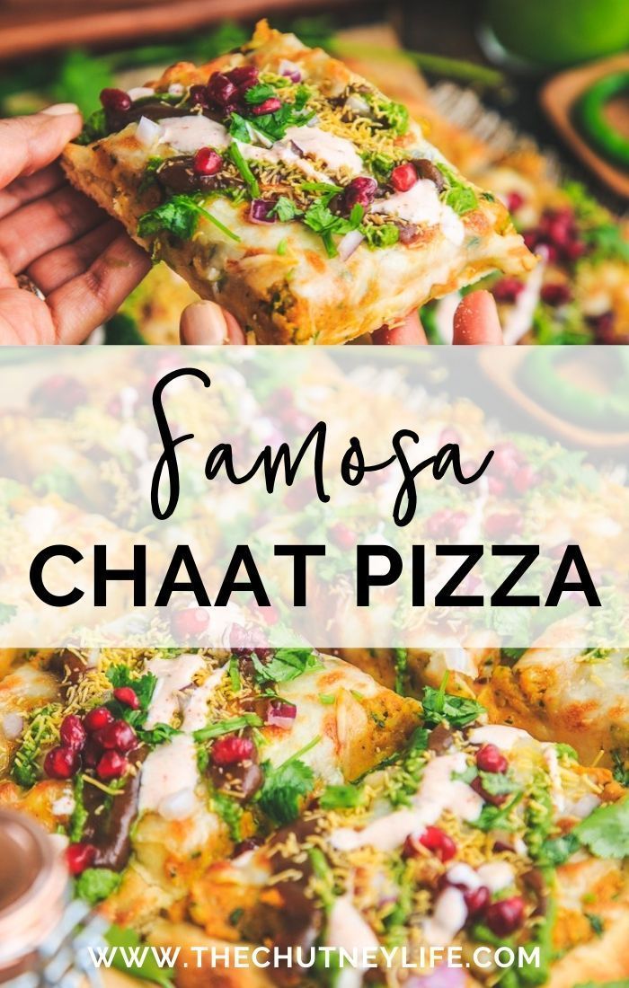 a person holding up a piece of food with the words famosa chaat pizza above it