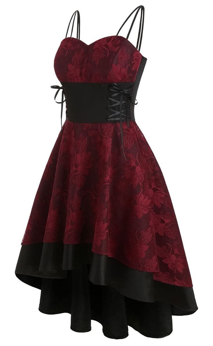 PRICES MAY VARY. High Quality Material - The vintage steampunk dress made of 65% Cotton and 35% Polyester, comfortable, breathable, elastic, durable,floral lace hollow stitching fabric, full of personality, fashion and elegance Spaghetti Strap Gothic Dress - Renaissance retro a-line dress, suspenders strap, adjustable waist lacing for a better fit, wrap v-neck, zipper closure, backless,swinging hem design,high low hem,waist-cinching design to show your figure curves and Elegance Gorgeous Asymmet Gothic Prom Dress, Steampunk Dress, Robes Vintage, Spaghetti Strap Prom Dress, Cocktail Dress Vintage, Womens Prom Dresses, Date Dresses, Lace Patchwork, Vestidos Vintage