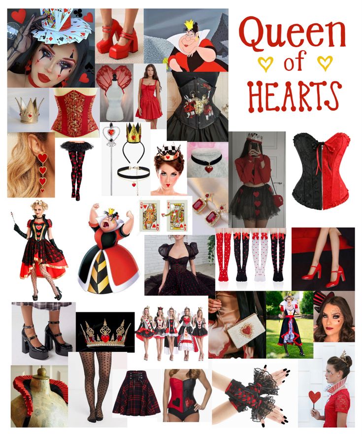 the queen of hearts collage is shown in red and black