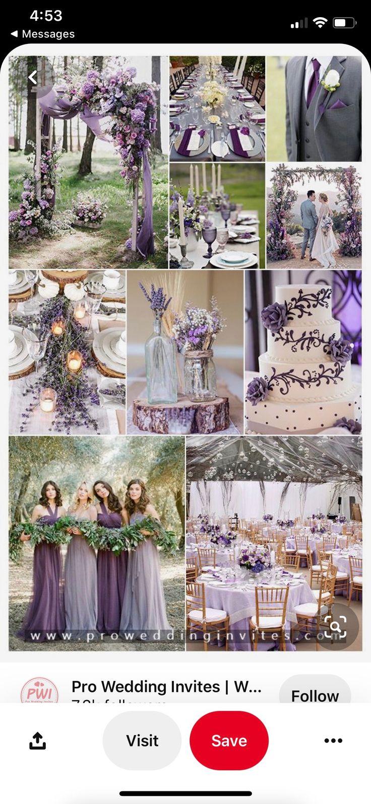 a collage of photos with purple and white wedding colors, including the bride and groom