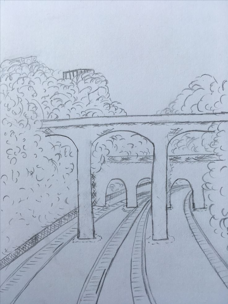 a pencil drawing of a train track going under a bridge with trees on both sides